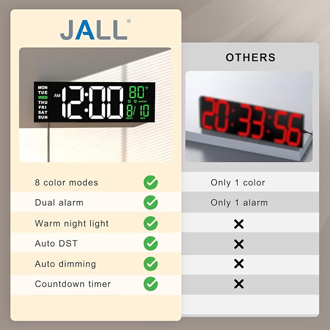 JALL 16" Large Digital Wall Mount Clock, Count Down Timer, Big LED, RGB Color - Image 8