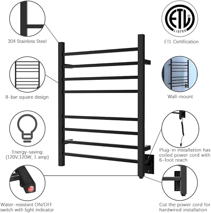 HEATGENE Towel Warmer, Heated Towel Warmer Rack, Wall-Mounted Hardwired/Plug-in - Image 3