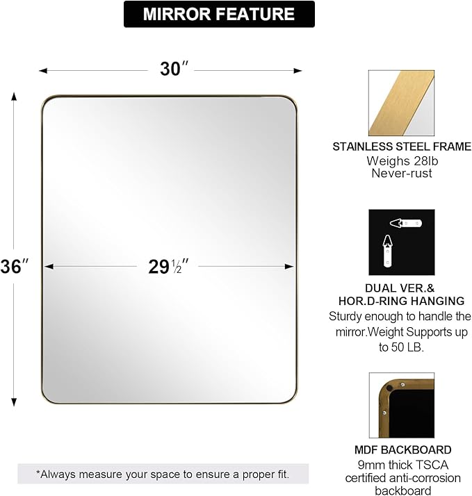 ANDY STAR Gold Bathroom Mirror, 30x36 Brushed Brass Rectangle Mirror - Image 3