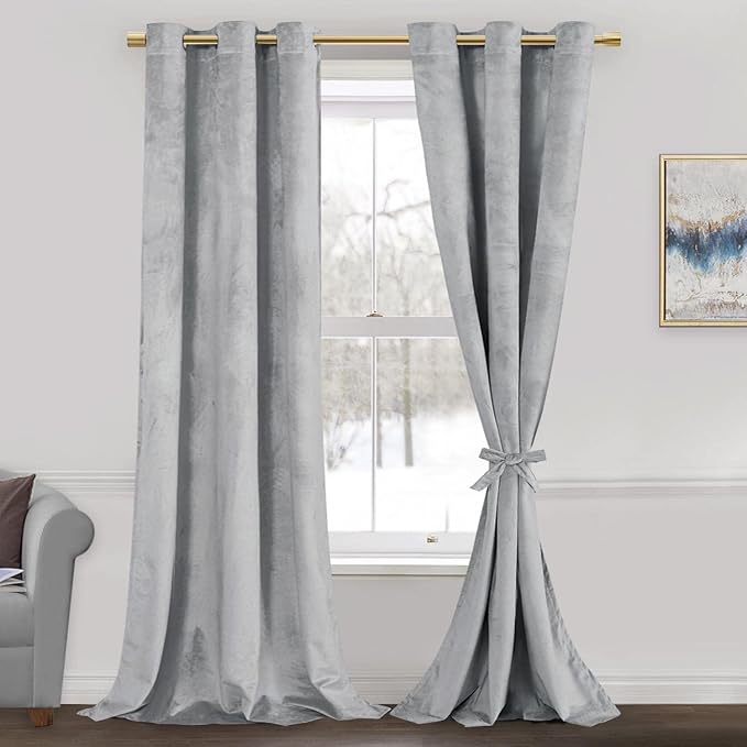 JIUZHEN Soft Silver Grey Velvet Curtains 84 inch Long, Room Darkening Smooth by JIUZHEN