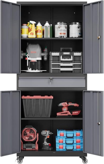73" Metal Cabinet-Black&Gray Heavy Duty Rolling Storage Cabinet Steel Tool by Fesbos