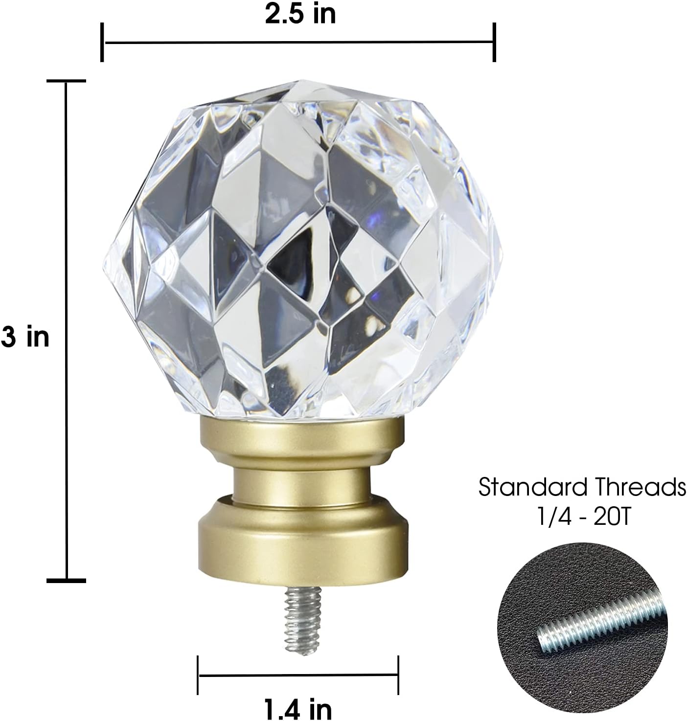 Decorative Curtain Rod Finials Luxury Crystal-clear Faceted, Round, Set of 2, Compatible with 1'' or 1-1/8'' dia curtain rod, Standalone finial pair,Gold