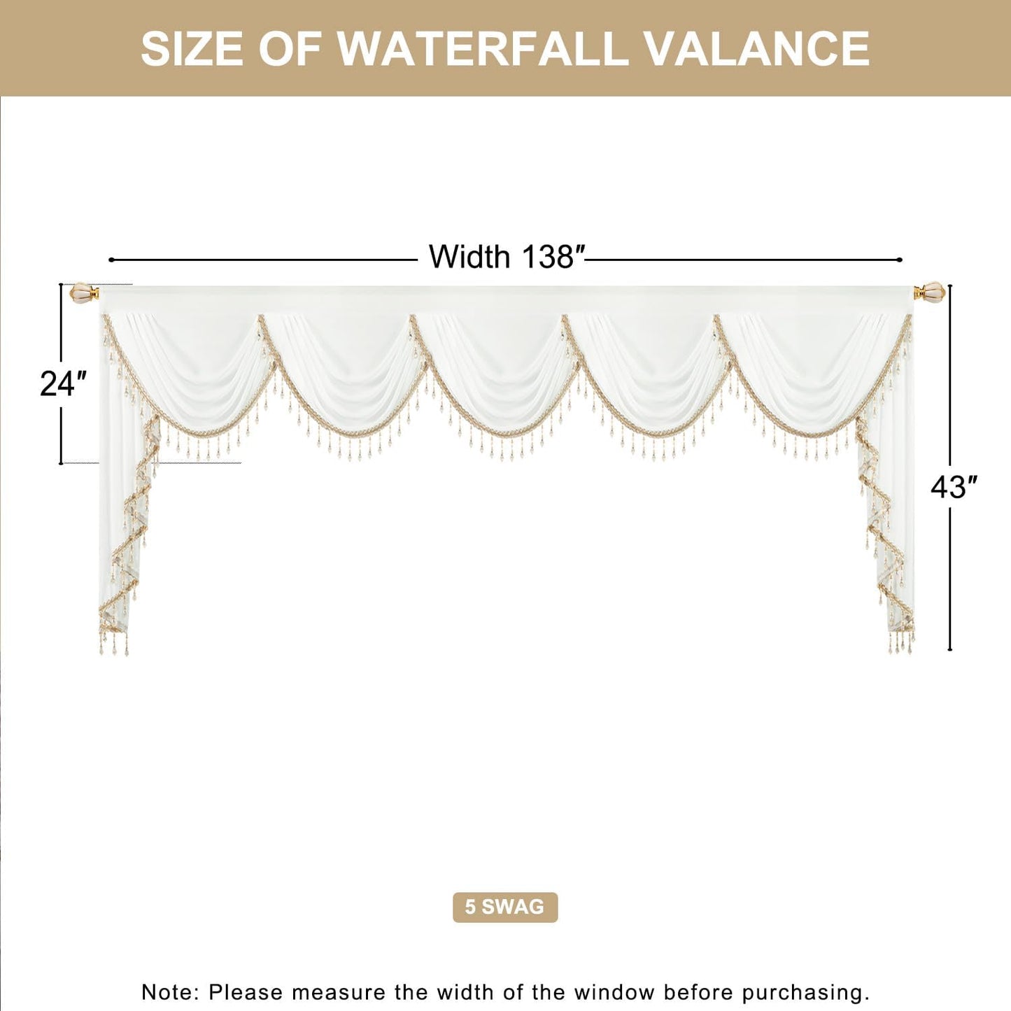 White Sheer Voile Waterfall Valance, Vintage Swag with Beaded Tassels, Extra Wide 138-Inch Window Curtain for French Doors, Bay Windows & Wedding Decor, 43" Drop