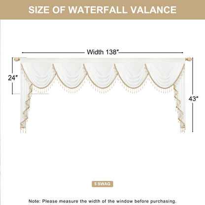 White Sheer Voile Waterfall Valance, Vintage Swag with Beaded Tassels, Extra Wide 138-Inch Window Curtain for French Doors, Bay Windows & Wedding Decor, 43" Drop