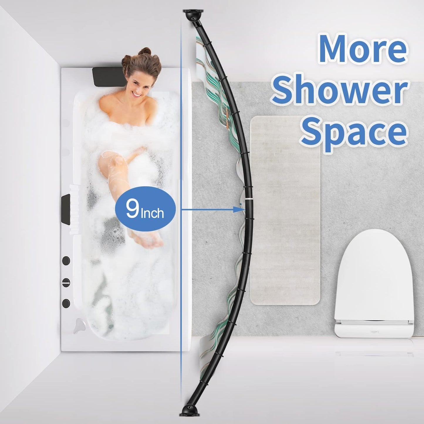 Curved Shower Curtain Rod, TENOVEL Round 42-73 Inches Shower Rods for Bathroom Adjustable, Rounded Bowed Stainless Steel Shower Rods Customized for for Bathtub, Stall, Need to Drill-Matte Black