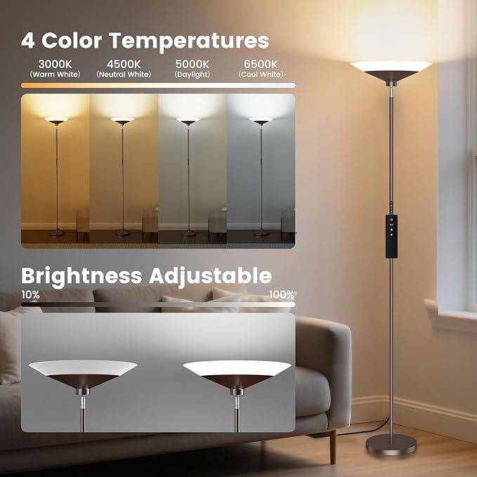 SIBRILLE Brown Torchiere Floor Lamp - 30W Dimmable LED Standing Lamp - Image 3