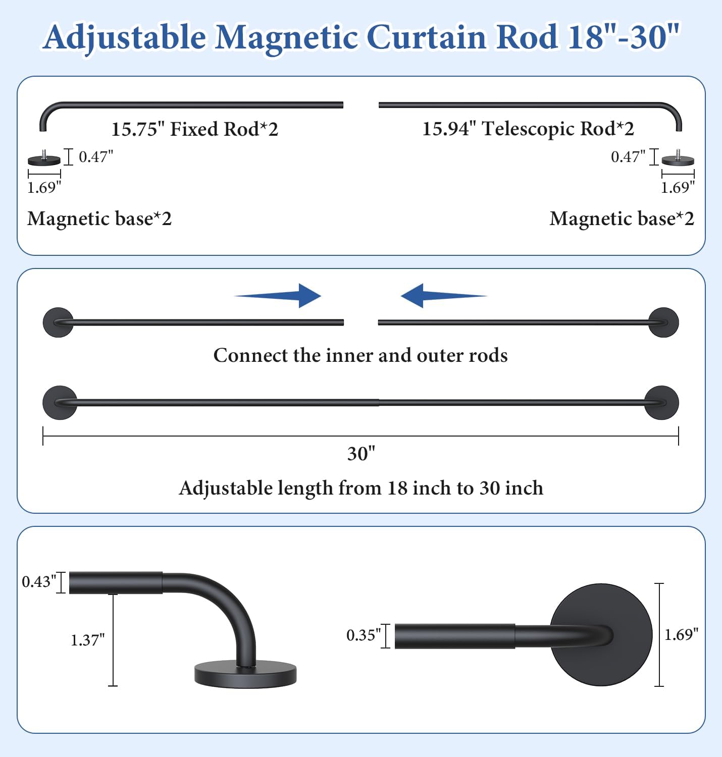 2 Pack Magnetic Curtain Rod for Door, 18-30 Inch Magnetic Curtain Rod for Metal Doors, 1/2" Diameter, Multi-use Magnetic Door Curtain Rods, Strong Magnetism Easy Install No Tools, Black