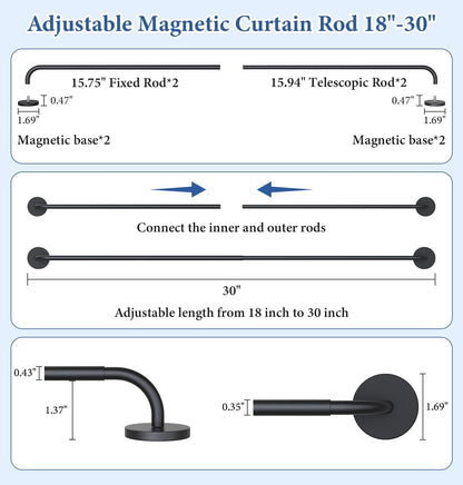 2 Pack Magnetic Curtain Rod for Door, 18-30 Inch Magnetic Curtain Rod for Metal Doors, 1/2" Diameter, Multi-use Magnetic Door Curtain Rods, Strong Magnetism Easy Install No Tools, Black