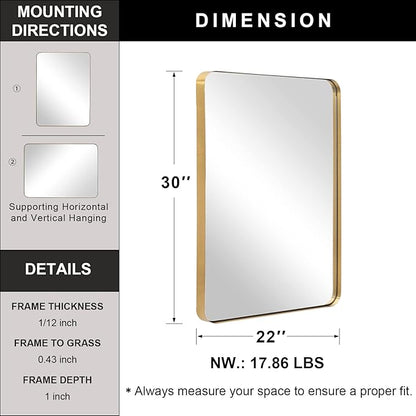 Andy Star Gold Bathroom Mirror, 22x30'' Brushed Brass Metal Frame Rounded - Image 4