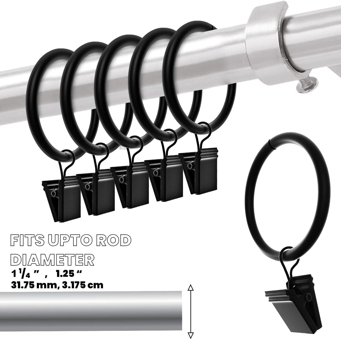 Black Curtain Rings with Clips 1.5 Inch Set of 20 Heavy Duty Curtain Hooks for Drapes, Caps, Pictures - fits on Rod Diameter Upto 1.25Inch/32mm… (Black, 1.5" Inch - 20 Pack)