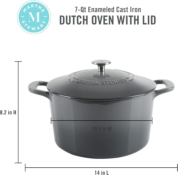 MARTHA STEWART Gatwick 7-Quart Enamel Cast Iron Dutch Oven – Classic Grey – - Image 2
