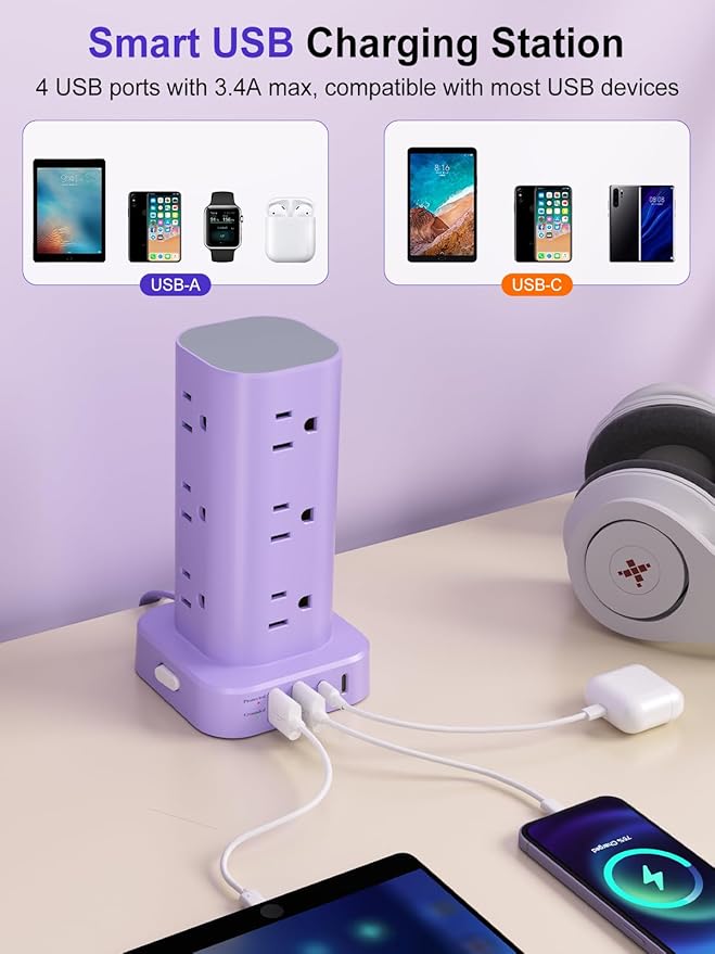Power Strip Tower with Multiple Outlets, Flat Plug Surge Protector Tower - Image 4