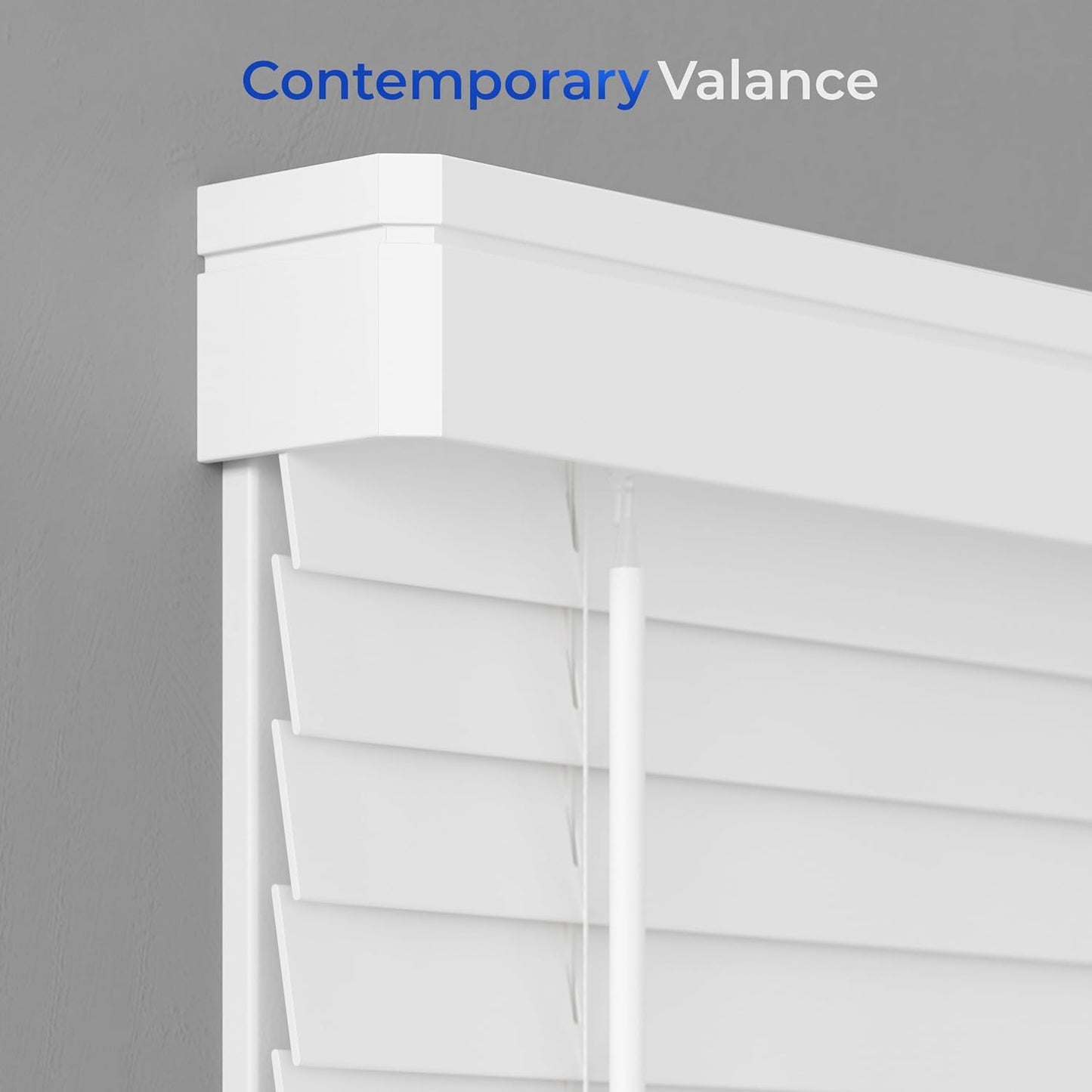 Lumino - 2" Cordless Smooth Slat Faux Wood Window Blinds for Home - 34.5" W x 60" L - White, Faux Wood Blinds for Indoor Windows, Room Darkening Blinds with Contemporary Valance