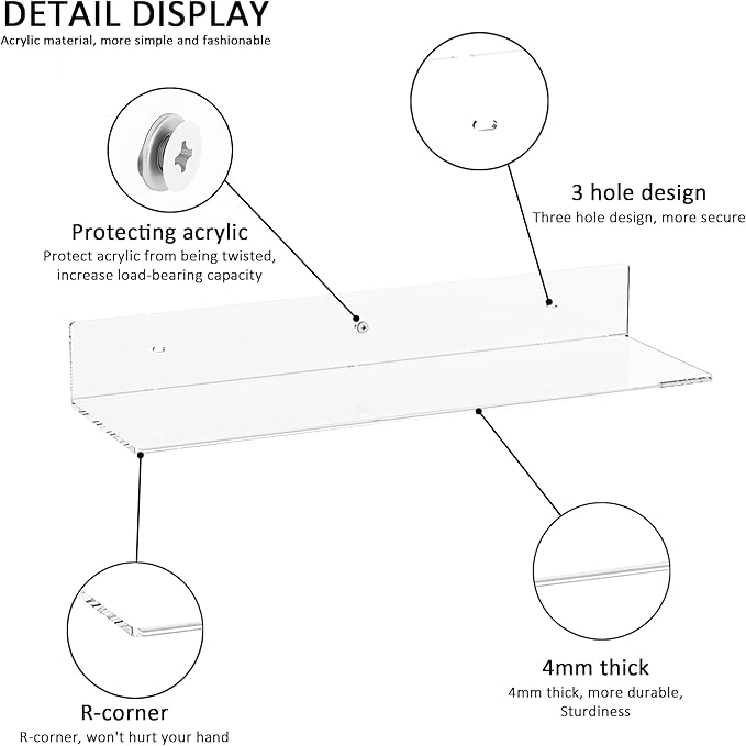 20 Inch Clear Wall Shelves for Wall, Wall Mounted Acrylic Floating Shelf for - Image 4