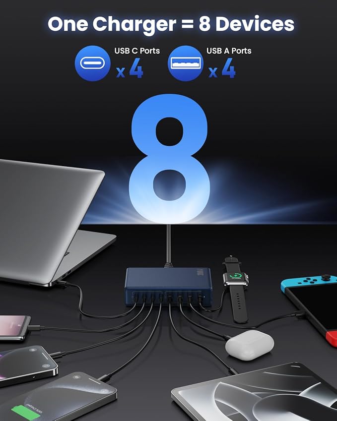 200W USB C Charger Block, GaN IV Charging Station 8 Ports, QC4.0 Fast Charging - Image 4
