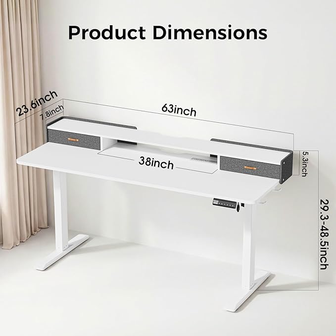 Electric Standing Desk with Drawers, 63 Inch Height Adjustable Desk with Power - Image 2