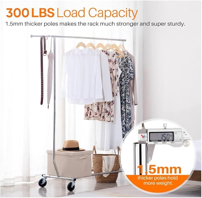 HOKEEPER Clothes Rack with Lockable Wheels Height Adjustable Clothing Rack - Image 2