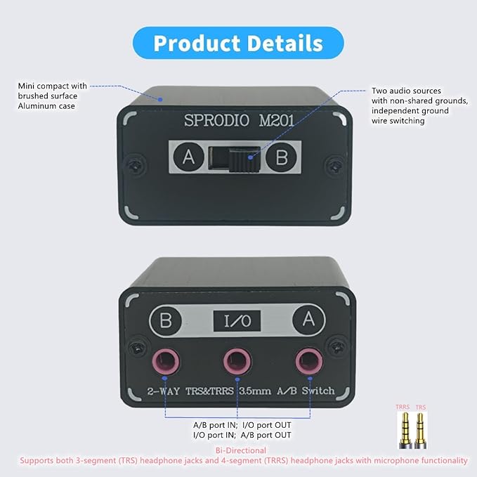 SPRODIO 2 Way in-line 3.5mm Audio Switch Box A/B Selector Switcher Compatible - Image 2