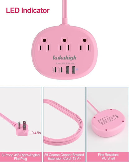 Pink Extension Cord with Surge Protected 1080J - 5 FT Kawaii Power Strip - Image 7