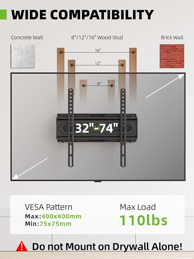 USX MOUNT TV Wall Mount for 32-74 inch Flat Screen/LED/4K up to 110lbs - Image 2