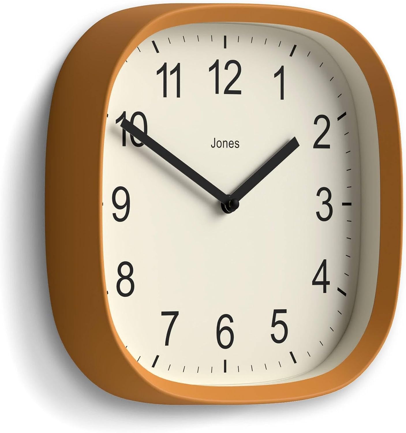 JONES CLOCKS® Sprite wall Clock | Modern Retro Rounded Square Clock | 10" | Mustard Yellow | Easy to Read Numbers | Perfect for Kitchen or Office