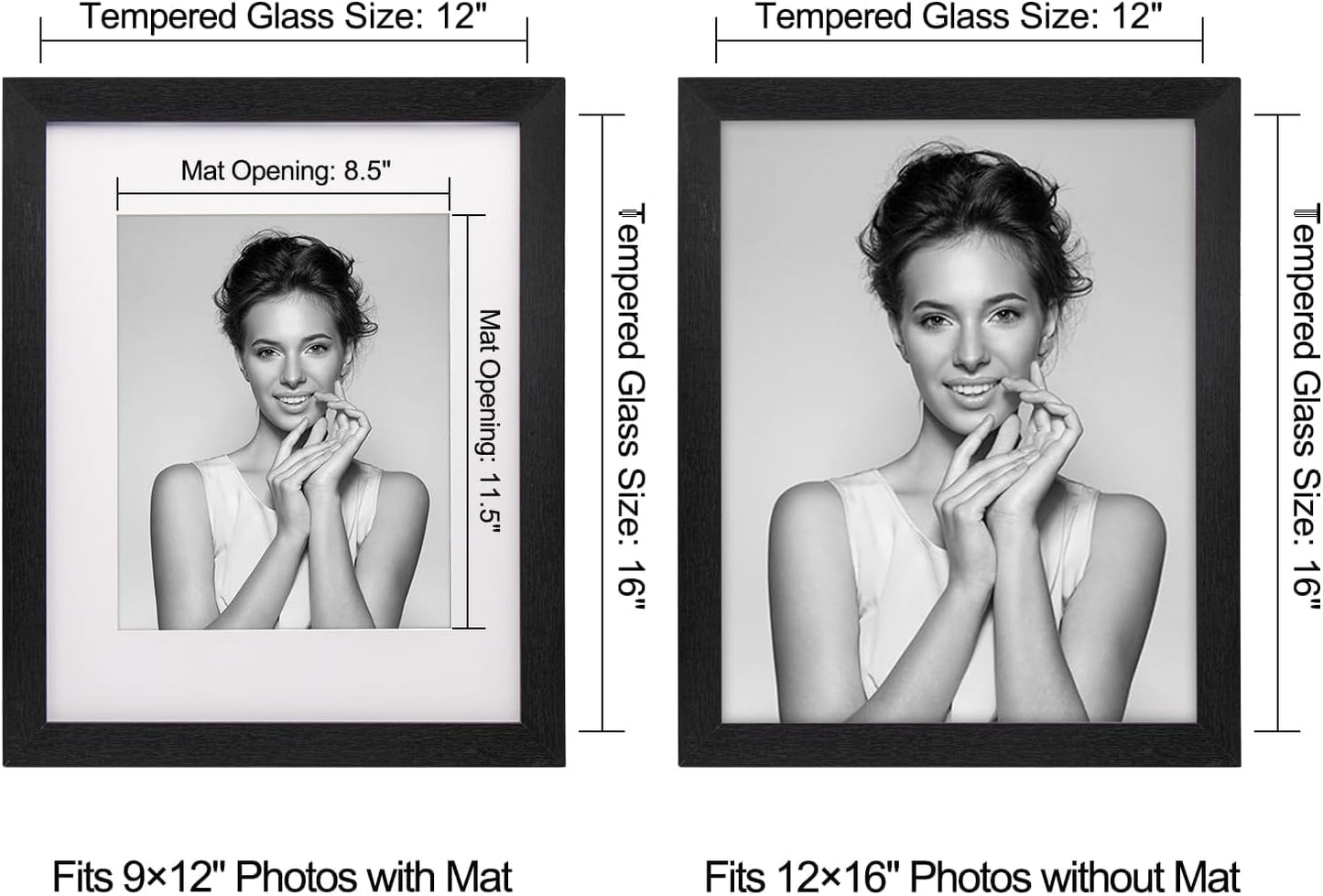 12x16 Picture Frame-Black,9x12 Mat,Tempered Glass,Engineered Wood | 8 x 8 Wood Photo Frame,FSC Certified Eco-Friendly,Acid-Free Removable Mat,Wall Hanging&Easel for Tabletop Display,3 Pack