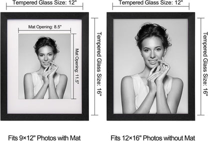 12x16 Picture Frame-Black,9x12 Mat,Tempered Glass,Engineered Wood | 8 x 8 Wood Photo Frame,FSC Certified Eco-Friendly,Acid-Free Removable Mat,Wall Hanging&Easel for Tabletop Display,3 Pack