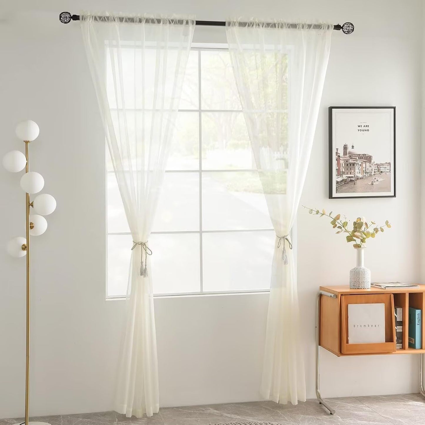 youleyar Solid Sheer Rod Pocket Curtain Voile Draperies 4 Panels Ivory Beige Black Grey Coffee 52 Inch Width 96 Inch Long 1 Pair for Kitchen Bedroom Children Living Room Yard(Ivory,52Wｘ96L)