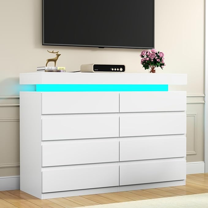 8 Drawer Dresser with Power Outlet, Dresser with LED Light, Modern Chest of - Image 6