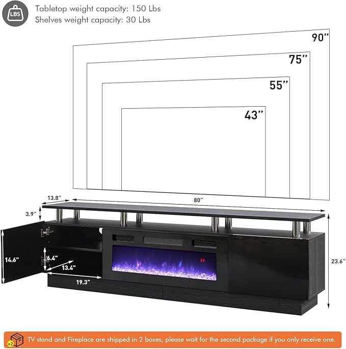Fireplace TV Stand with 36" Fireplace, 80” Entertainment Center with LED Lights - Image 5