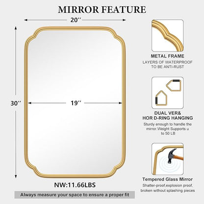 Gold Bathroom Mirror for Wall 20" x 30" Modern Rounded Corner Rectangle Mirror - Image 5