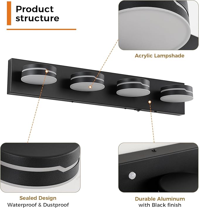 26In Motion Sensor Vanity Light, Matte Black 3CCT 4-Light Modern LED Bathroom - Image 7
