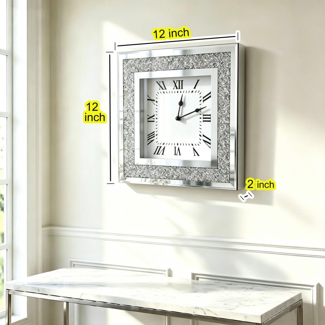 Crystal Crush Diamond Mirrored Square Wall Clock with Sparkle Twinkle Bling Diamond Decor for Wall Decoration, 12x12inch Decorative Silver Mirror Quartz Clock for Home Decor. AA Battery not included