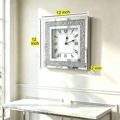 Crystal Crush Diamond Mirrored Square Wall Clock with Sparkle Twinkle Bling Diamond Decor for Wall Decoration, 12x12inch Decorative Silver Mirror Quartz Clock for Home Decor. AA Battery not included