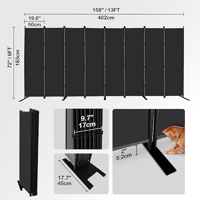 MAYOLIAH 8-Panel Black Room Divider 6ft Tall Folding Privacy Screen Portable - Image 3