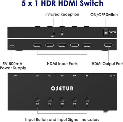 4K@60Hz 5 in 1 Out HDMI Switch, 5 Port HDMI Switcher Selector Support HDR10 & - Image 2