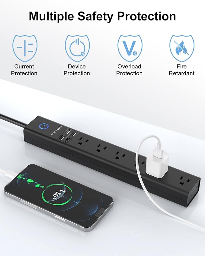 15 Ft Power Strip Surge Protector, 6 Outlets and 4 USB Ports, Flat Plug Power - Image 5