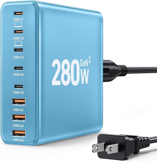 280W USB C Charger Block, 8-Port USB C Charging Station GaN III PD 65W Laptop by Ediliow