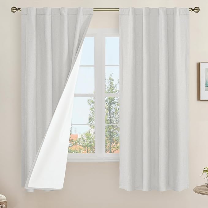 LAMIT Light Grey 100% Blackout Linen Curtains, 63 Inches Linen Textured Thermal by LAMIT