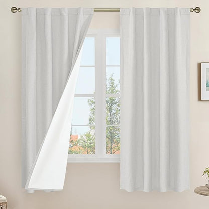 LAMIT Light Grey 100% Blackout Linen Curtains, 63 Inches Linen Textured Thermal by LAMIT