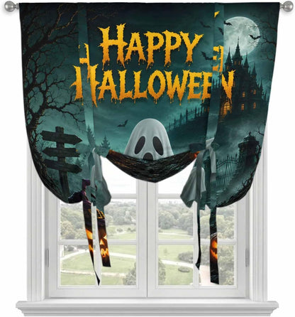 Happy Halloween Ghost Pumpkin Tie Up Curtains for Windows, Retro Haunted House Rod Pocket Window Shade Adjustable Balloon Curtain Valance for Bedroom Kitchen Bathroom Blinds 34x45in