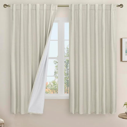 LAMIT 100% Blackout Natural Linen Curtains, 63 Inches Linen Textured Thermal by LAMIT