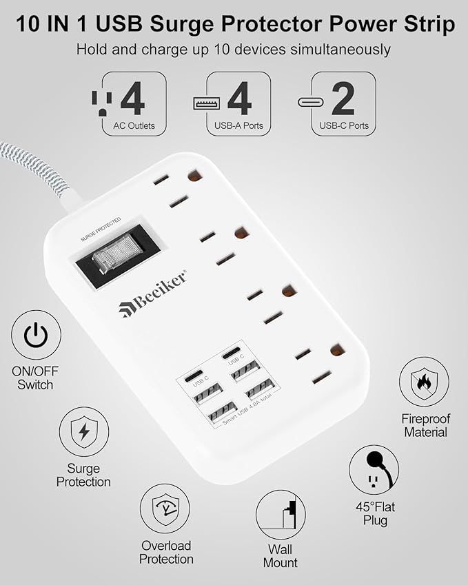 6 USB Surge Protector Power Strip- 5Ft Travel Power Strip - Image 3