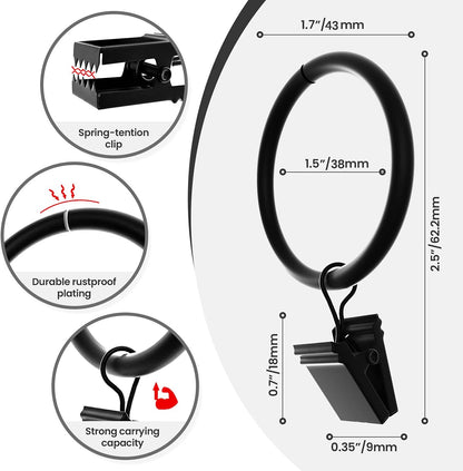 Black Curtain Rings with Clips 1.5 Inch Set of 20 Heavy Duty Curtain Hooks for Drapes, Caps, Pictures - fits on Rod Diameter Upto 1.25Inch/32mm… (Black, 1.5" Inch - 20 Pack)