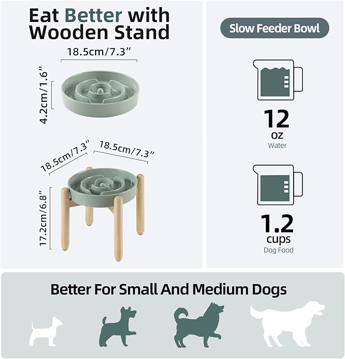 Ceramic 1.2 Cup Raised Slow Feeder Dog Bowl Set, Elevated Wooden Stand - Image 2