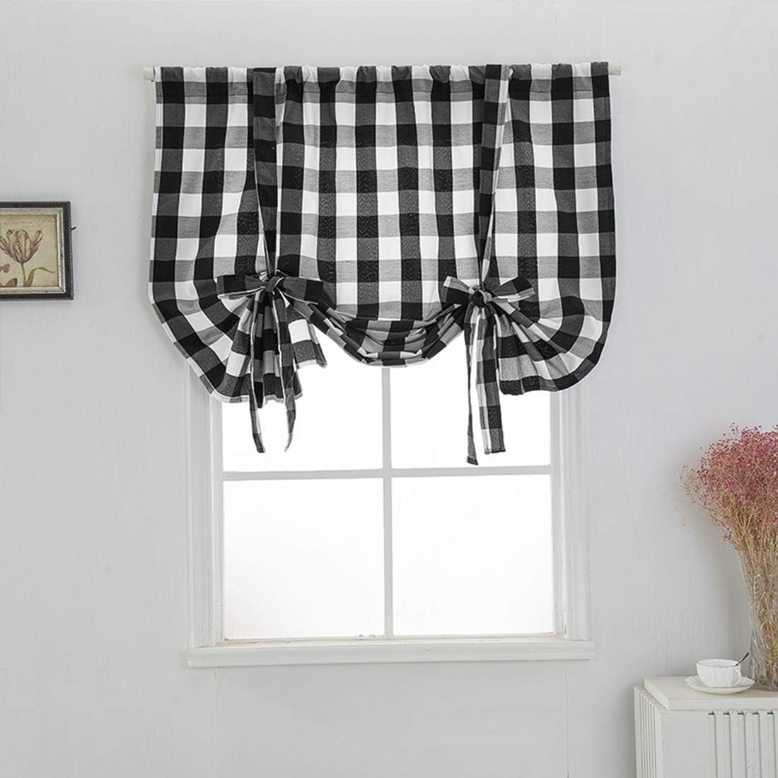 Buffalo Check Plaid Balloon Drape Gingham Shade Tie Up Roman Valance Rod Pocket Classic Window Treatment Semi Blackout Curtains for Small Window Farmhouse Kitchen, 1 Panel, 55" Long, Black