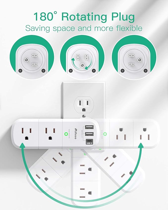 Outlet Extender with Rotating Plug, Mifaso Surge Protector 6 AC Multi Plug Wall - Image 2