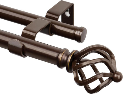 KAMANINA Double Curtain Rods for Windows 72 to 144 Inches Bronze | Heavy Duty 7/8 In, Adjustable, Long Dual Drapery Rod for Living Room, Bedroom, Easy Install, Decorative Twisted Cage Finials