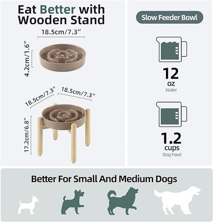 Ceramic 1.2 Cup Raised Slow Feeder Dog Bowl Set, Elevated Wooden Stand - Image 2