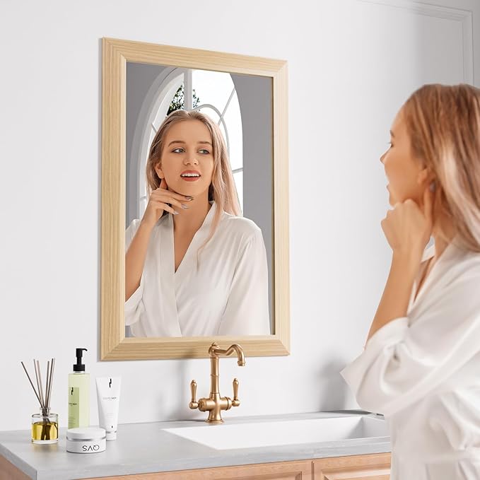 Amorho Bathroom Mirror for Wall, 20X30 Inch Oak Wood Grain Metal Framed Mirror - Image 5